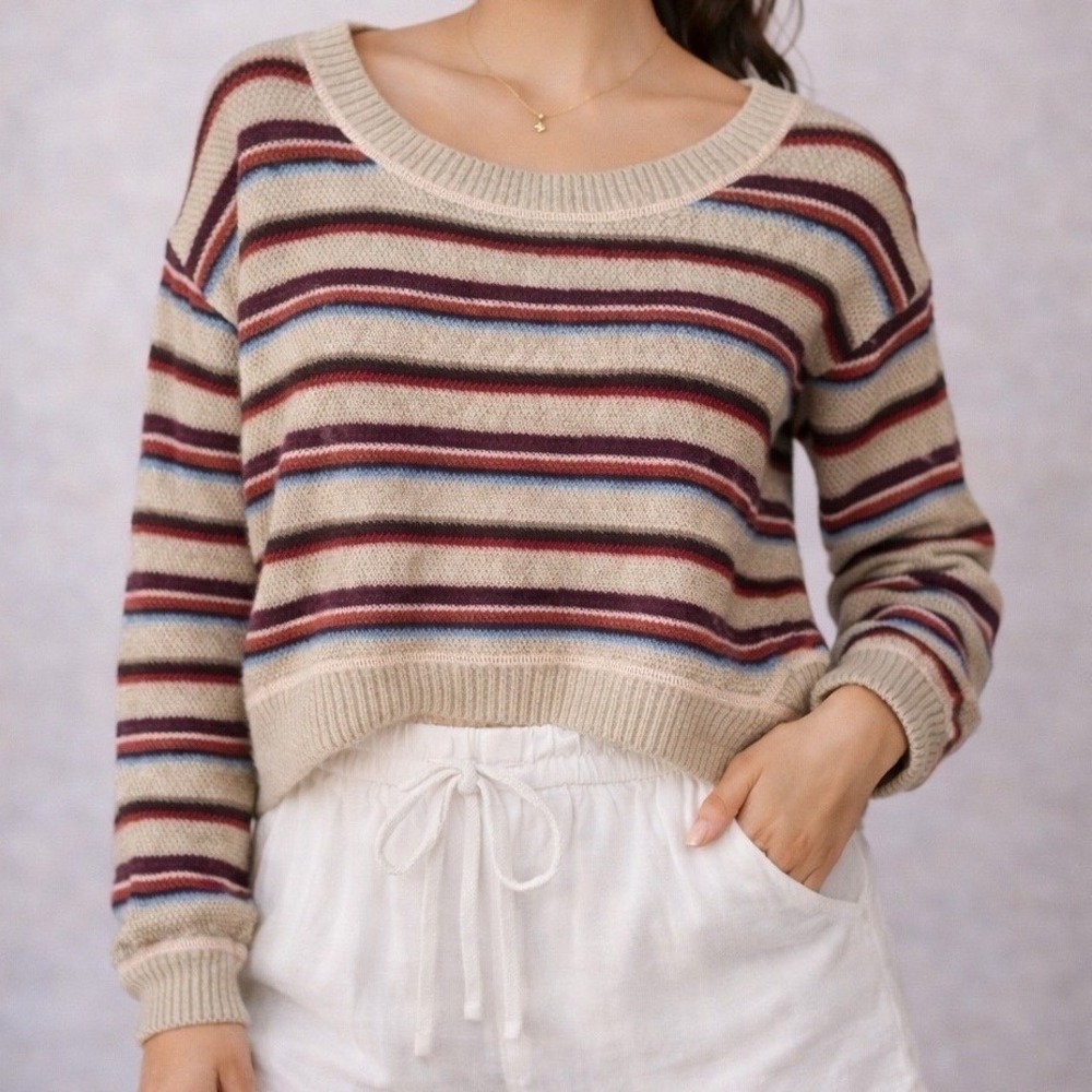 Free People Beach Striped Cropped Wool Blend Sweater Beige Multi XS